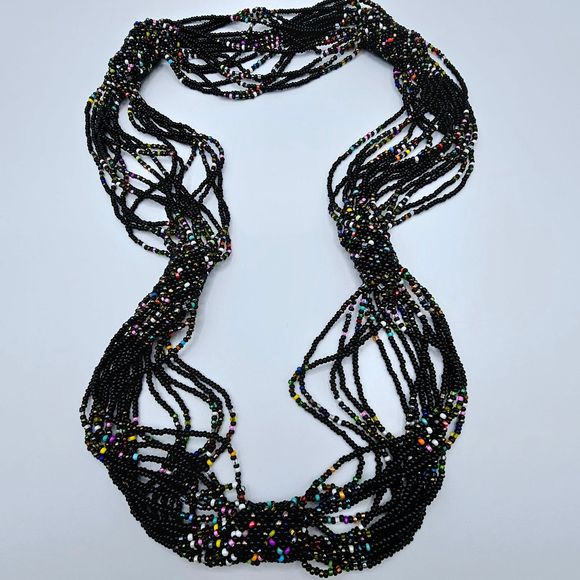 Glass Seed Bead Necklace Multi Strand Black Colorful Tubular Band Statement Boho - Picture 7 of 8